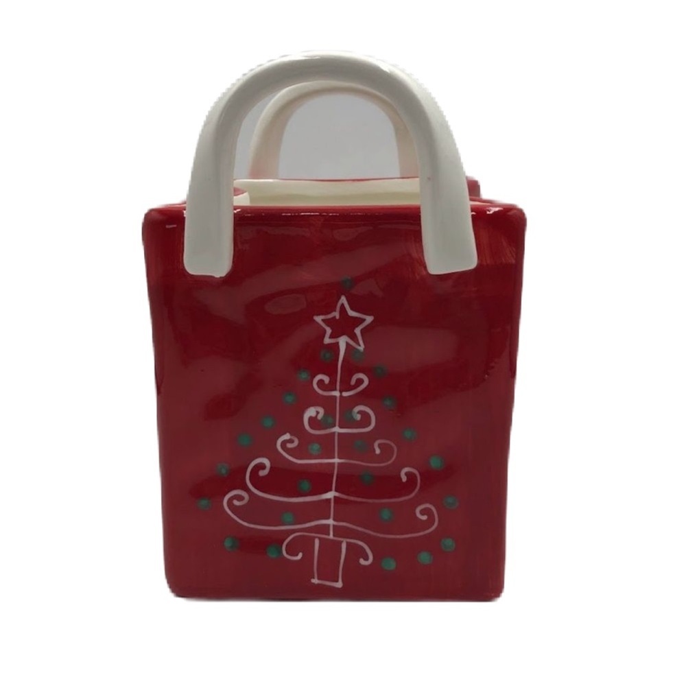 Vintage Century Red Ceramic Handled Purse Shape Christmas Decor Candy Holder